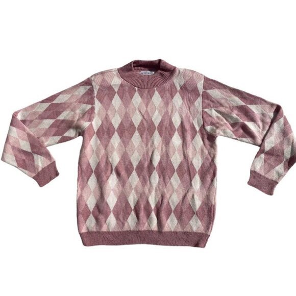 Vintage Alfred Dunner Pastel Pink and White Argyle Print Thick Sweater - Picture 1 of 1